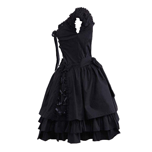 Ainclu Womens Classic Black Layered Lace-up Cotton Lolita Dress
