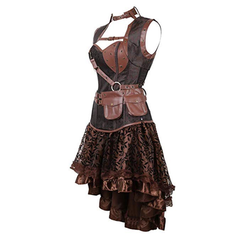 Steampunk Corset Skirt with Zipper,Multi Layered High Low Outfits